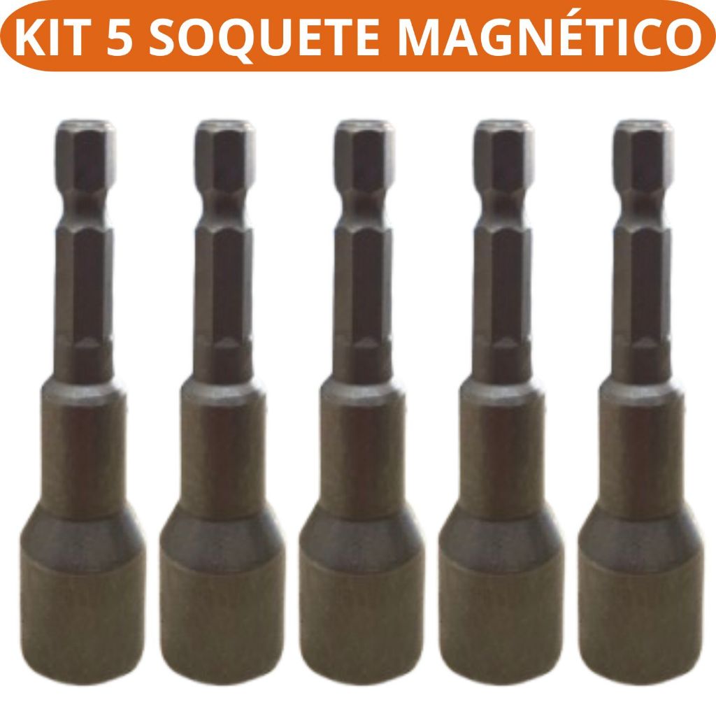 Kit 5 Soquete Magnetico Sextavado Para Parafusadeira Tipo Cachimbo Magnético Em Aço Adaptador Pontas