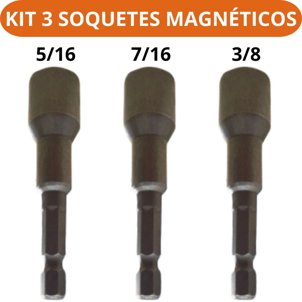 Kit 3 Soquete Magnetico Sextavado Para Parafusadeira Tipo Cachimbo Magnético Em Aço Adaptador Pontas