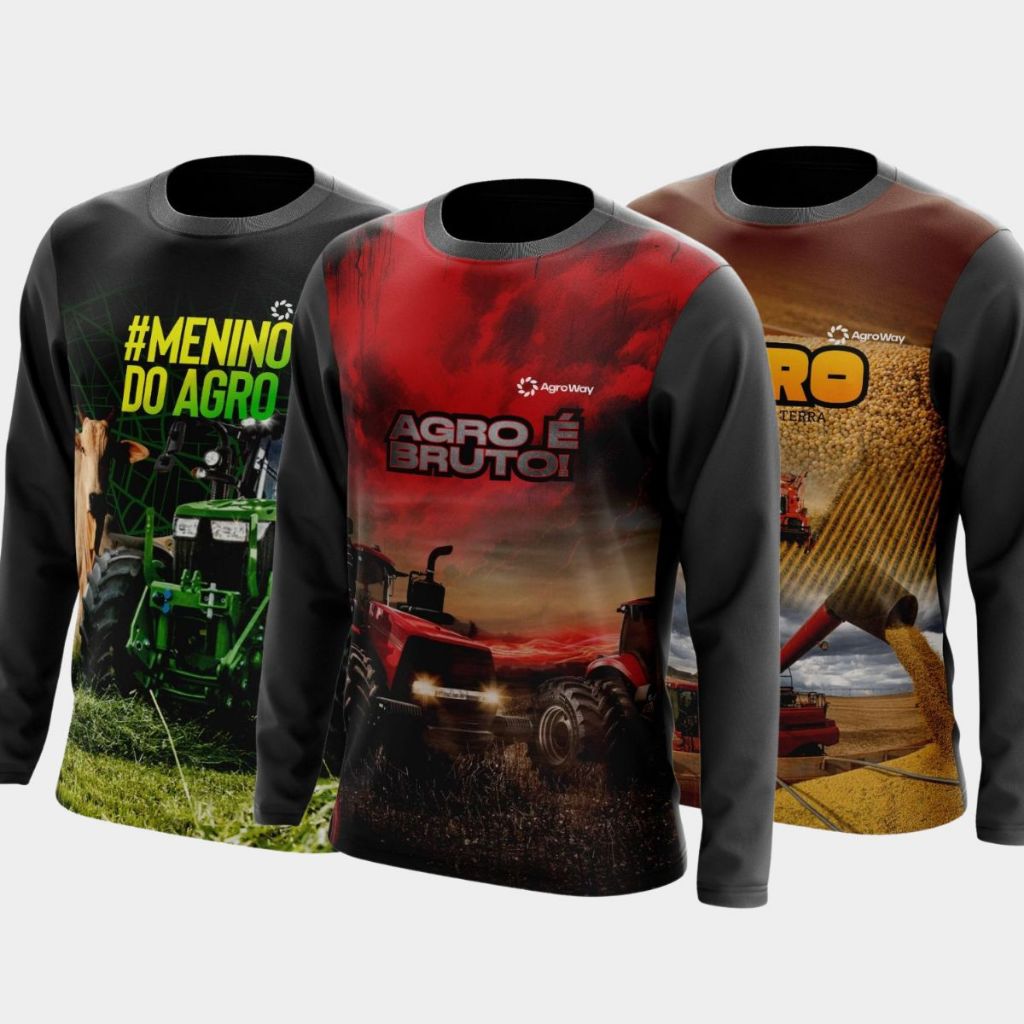 Kit 3 Camisa Camiseta Agro Manga Longa Gola Redonda Trator Colheita Plantação Força Terra Café Gado Trabalho Roça Campo