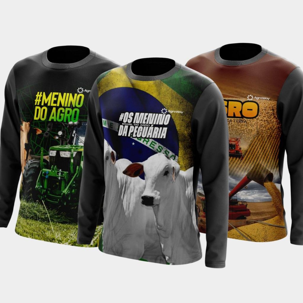 Kit 3 Camisa Camiseta Agro Manga Longa Gola Redonda Pecuária Colheita Soja Café Plantação Milharal Terra Trabalho Campo