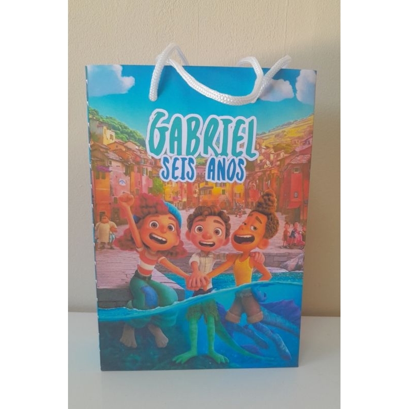 Sacolinha vertical personalizada pegue e monte tema Luca/Sacolinha Luca/lembrancinhas aniversário