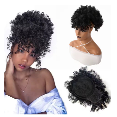 Aplique Coque Afro Puff Com Franja Fibra Orgânica Cores Variadas