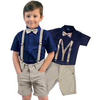 Roupa Social Infantil Masculino Azul Marinho e Bege Manga Curta Verão Conjunto Casamento Pagem