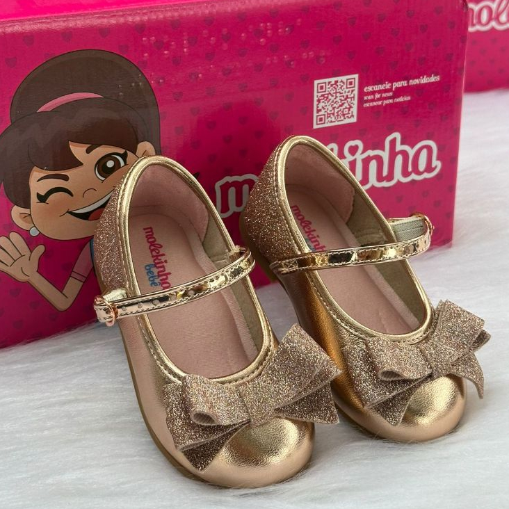 Sapatinho Infantil Bebê Sapatilha Menina Laço Glitter Ouro Rosa 
 Molekinha Original