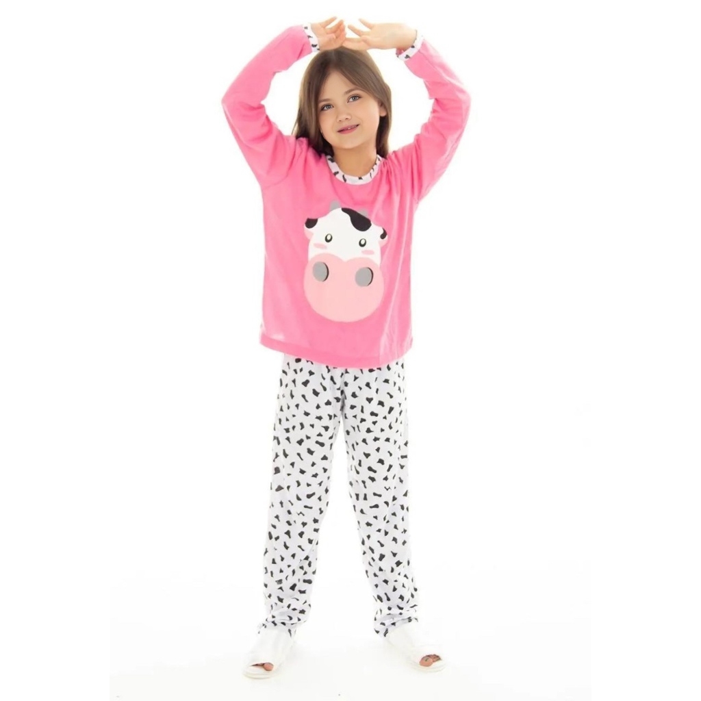 Pijama Longo Infantil Feminino Estampa Vaquinha Manga Longa Inverno