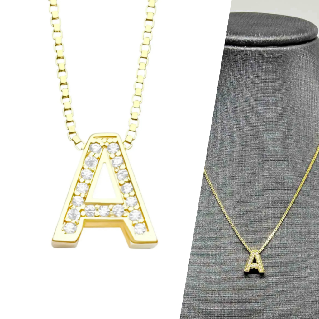 Pingente Letra "A" a "Z" Cravejada em Zircônia Banhado a Ouro - Banho de Ouro - Garimpo de Ouro