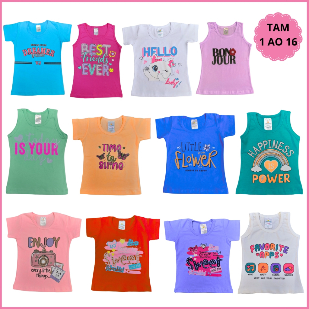 Kit 3 Camiseta Manga Curta Feminina Infantil Regata Menina Bebê Verão Algodão 1 ao 16