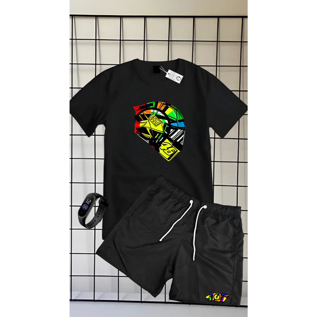 CONJUNTO DE CAMISETA 100% ALGODÃO MANGA CURTA BERMUDA TACTEL ESTAMPA CAPACETE 46 + RELOGIO DE BRINDE