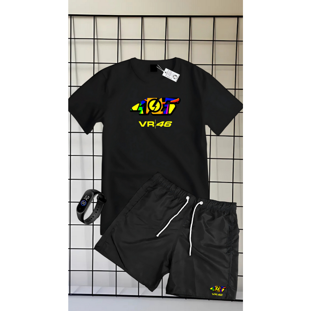 CONJUNTO DE CAMISETA 100% ALGODÃO MANGA CURTA BERMUDA TACTEL ESTAMPA VR 46 + RELOGIO DE BRINDE