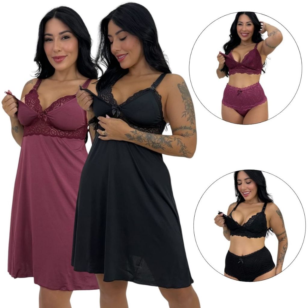 Kit Saída Maternidade Mamãe e Bebê 2 Camisolas 2 Calcinhas 2 Sutiãs Fecho Click Renda Mamãe Bebê