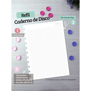 REFIL PARA CADERNO DE DISCOS  - VARIOS TAMANHOS - COMPATÍVEL COM CADERNO INTELIGENTE - 100 FOLHAS