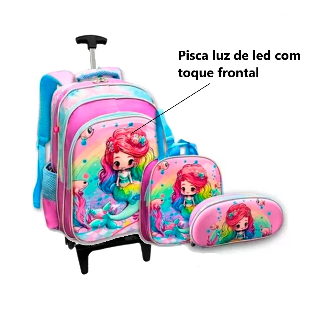Kit mochila Carrinho Mochila com luz de led com lancheira e estojo rodinha escolar infantil