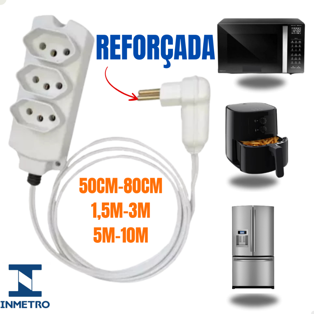 Extensão elétrica 50cm/80cm/1,5/3/5/10 Metros Cabo 0,75mm Extensão de 3 Tomadas em Oferta na Shopee