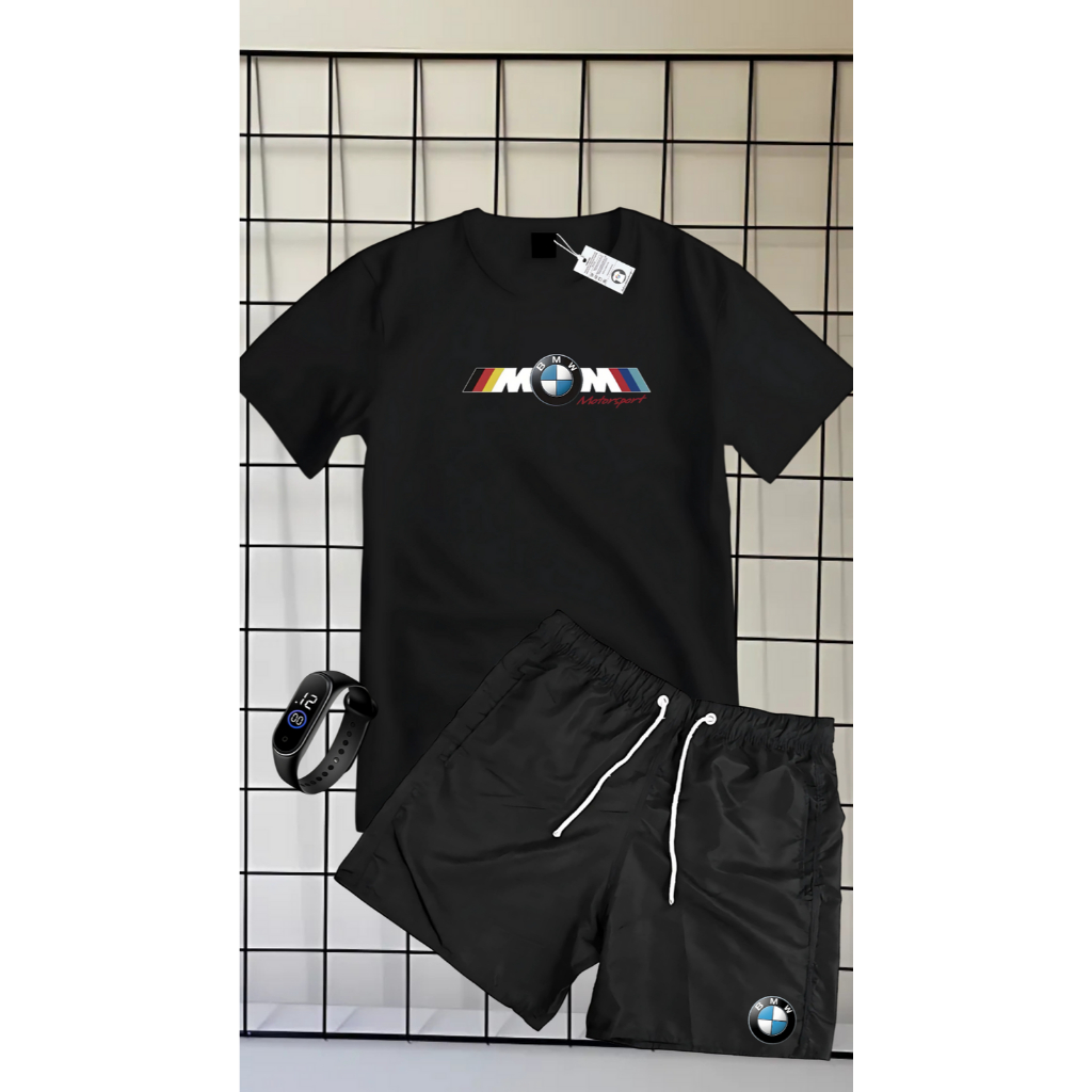 CONJUNTO DE CAMISETA 100% ALGODÃO MANGA CURTA BERMUDA TACTEL ESTAMPA BMW MOTOR SPORT + RELOGIO DE BRINDE