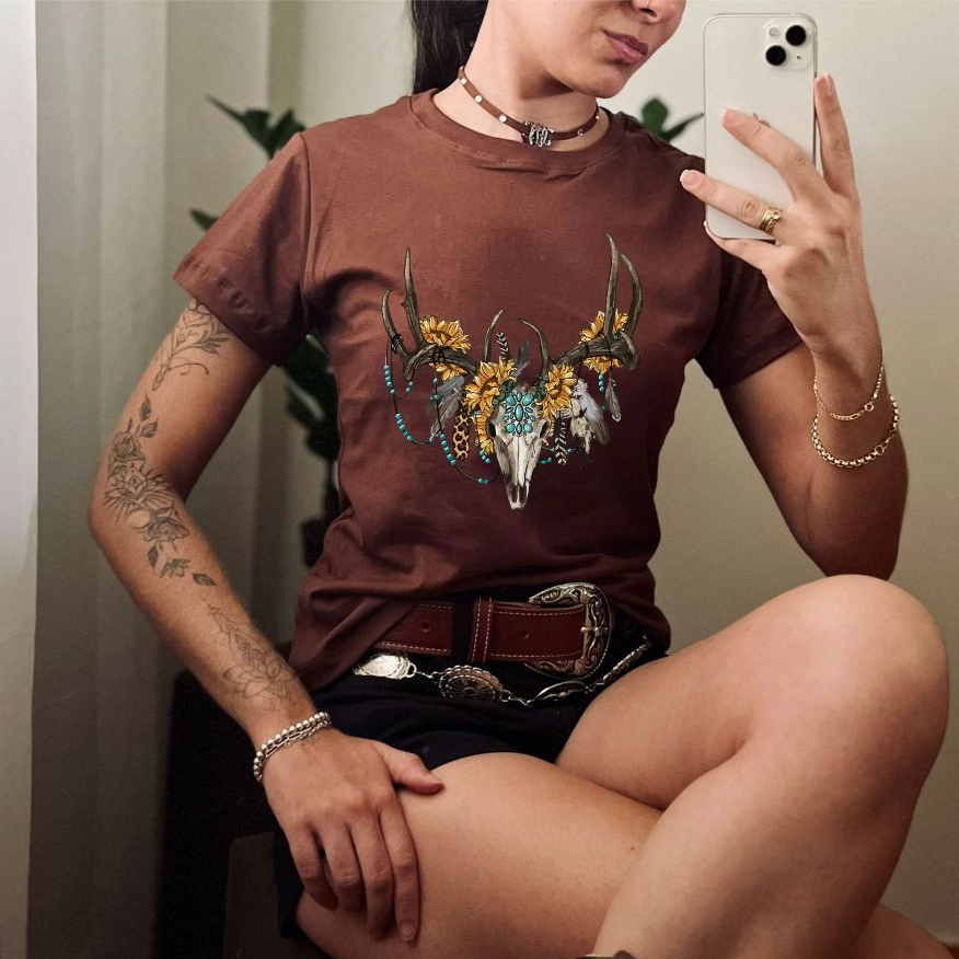 Tshirts Feminina Moda Country Estampada Boi Colorido Estiloso Baby Look Algodão