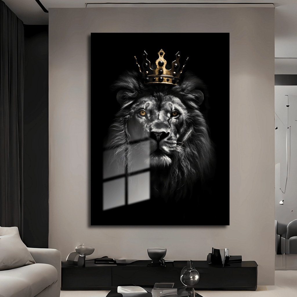 Quadro Decorativo Grande Leão Rei com Coroa Dourada Luxo Sala Quarto