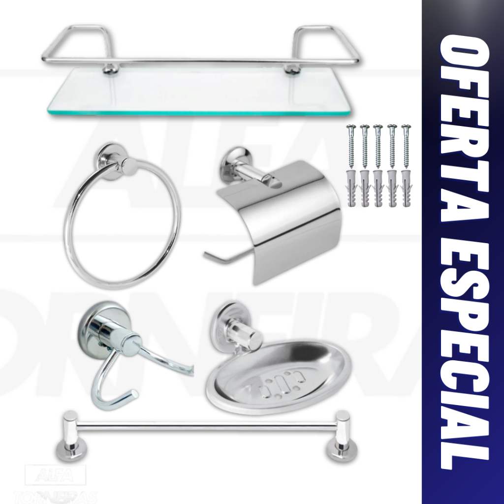 Kit Acessórios Banheiro 6 Peças Inox Com Porta Shampoo Reto em Oferta na Shopee