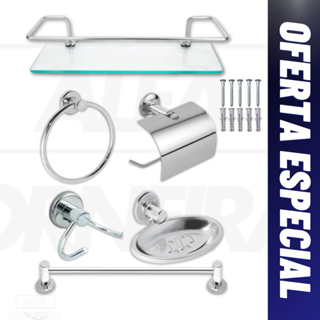 Kit Acessórios Banheiro 6 Peças Inox Com Porta Shampoo Reto em Oferta na Shopee