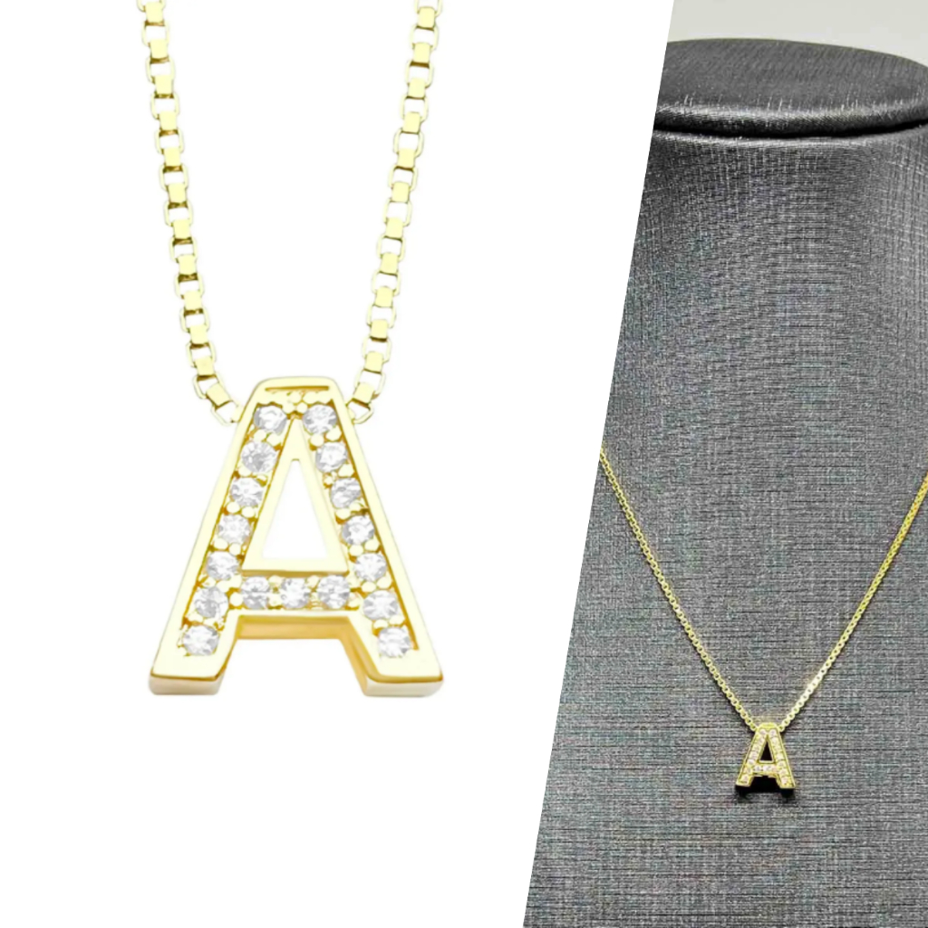 Colar Feminino de Ouro com Pingente de Letra com Pedras Choker 45cm Banhado - Banho de Ouro