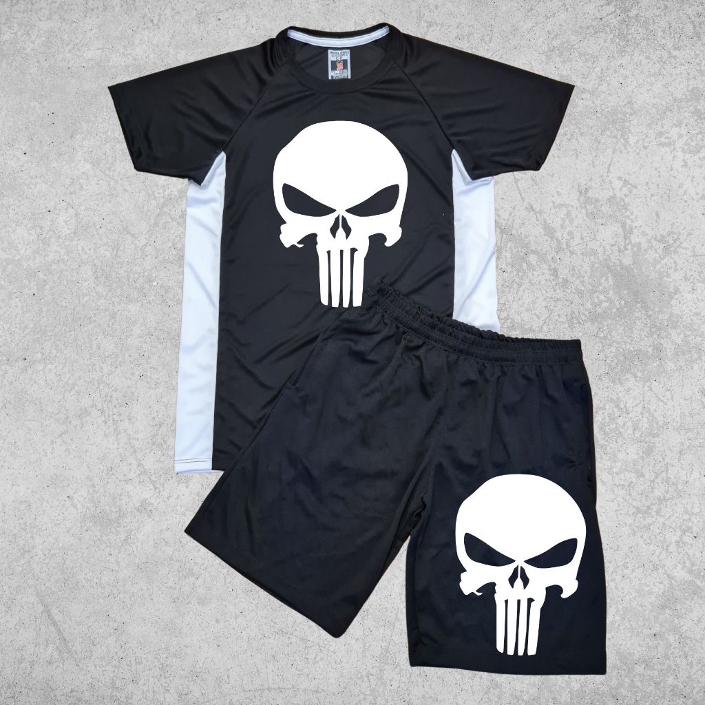 Kit Justiceiro Camiseta e Bermuda de Academia Masculino Caveira Preto Treino Dry Fit Pano Leve