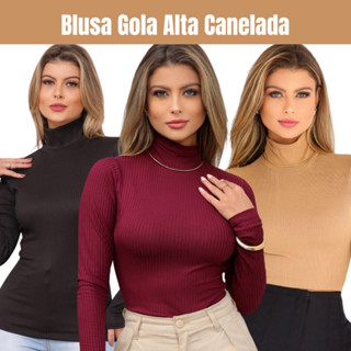 T-Shirt Blusa Feminina Manga Longa Gola Alta Cacharrel Moda Casual Versátil Algodão
