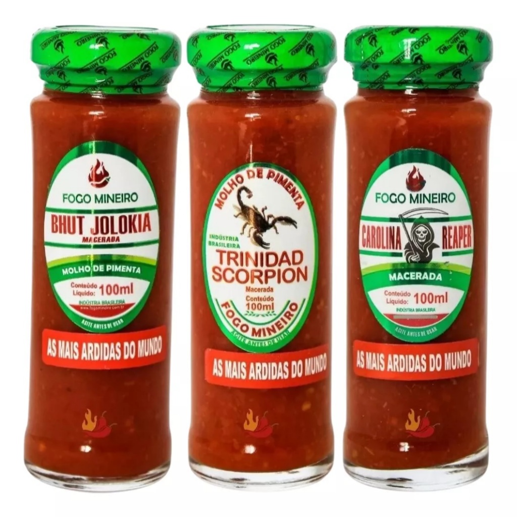 Kit de Molho de Pimenta carolina , trinidad, bhut jolokia 100 ml macerada fogo mineiro