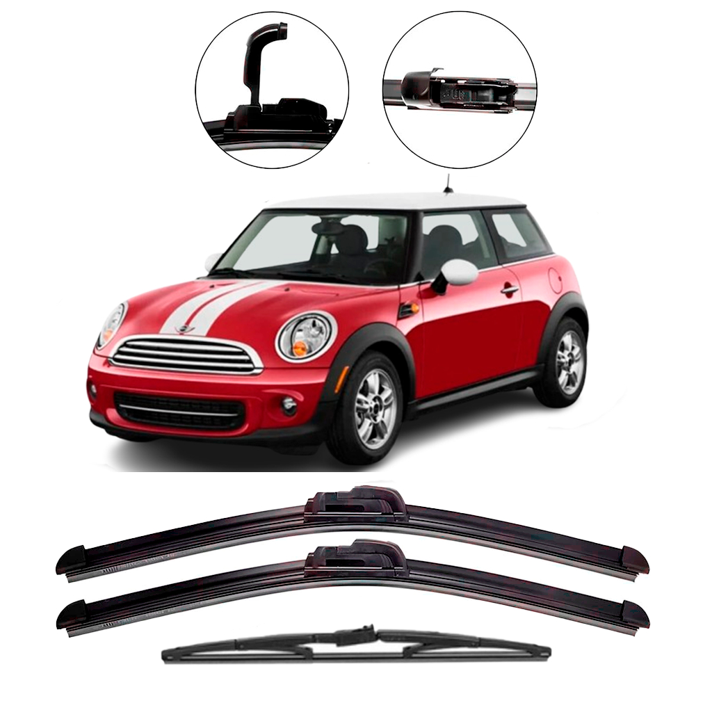 Kit de 3 Palhetas Limpador De Parabrisa Dianteiro + Tras Mini One / Cooper / Cooper S 2001 até 2013