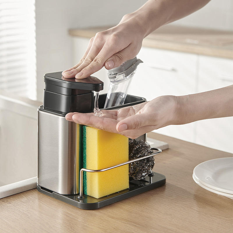 Organizador Dispenser de Detergente Luxo em Aço Inox para Cozinha Porta Esponja e Sabão com Dosador Resistente