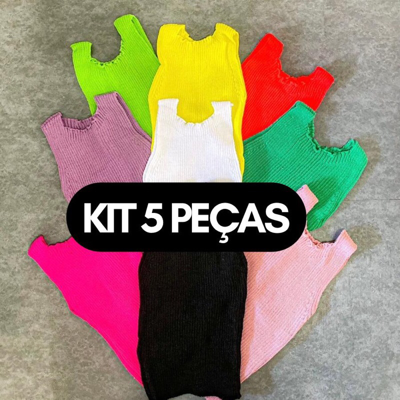 KIT 5 PEÇAS Cropped Top Canelado tricot feminino blusa moda básico tricô verão