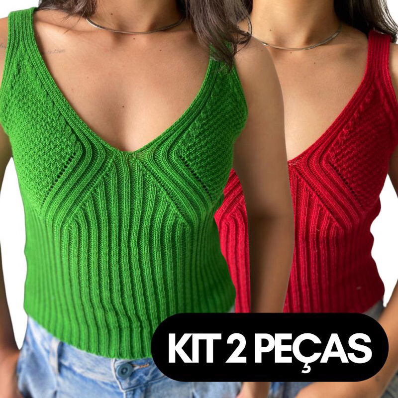 KIT 2 PEÇAS Regata Cropped Tricot com detalhes no busto moda feminina blogueira canelada
