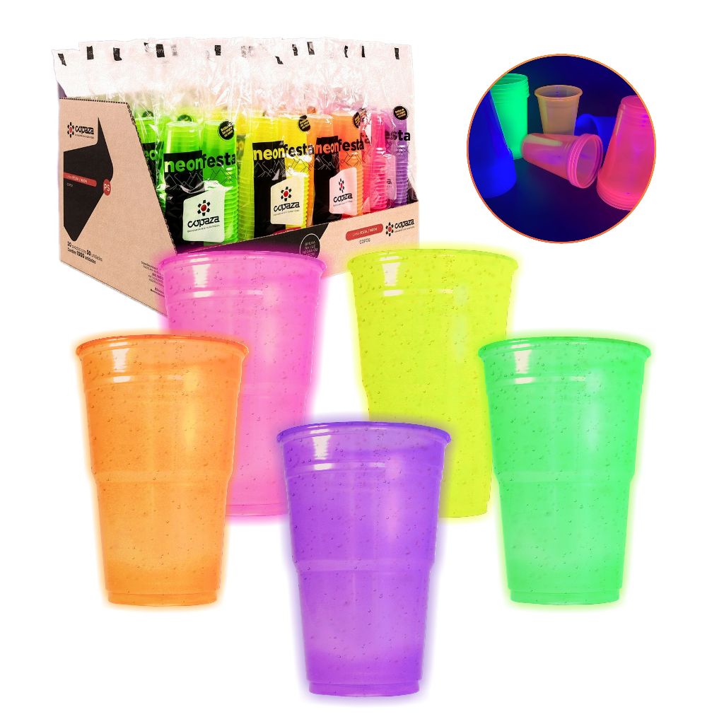 Kit Balada 200 Copos Descartável Neon 300ml + 200 Canudos Flexivel Copo Neon Brilha no Escuro