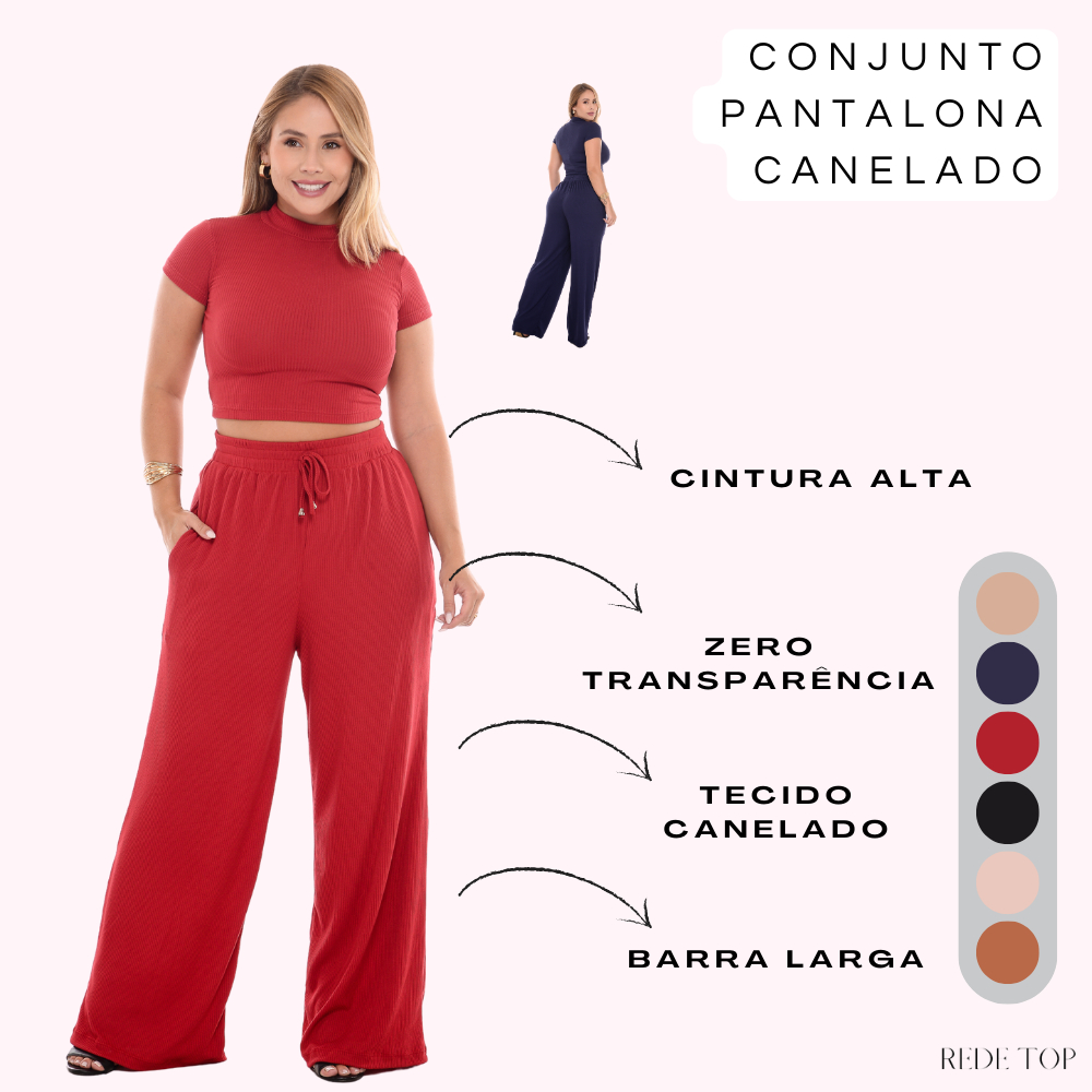 Conjunto Pantalona Com Bolso Feminina Canelada e Elástico na Cintura Blusa Gola Alta