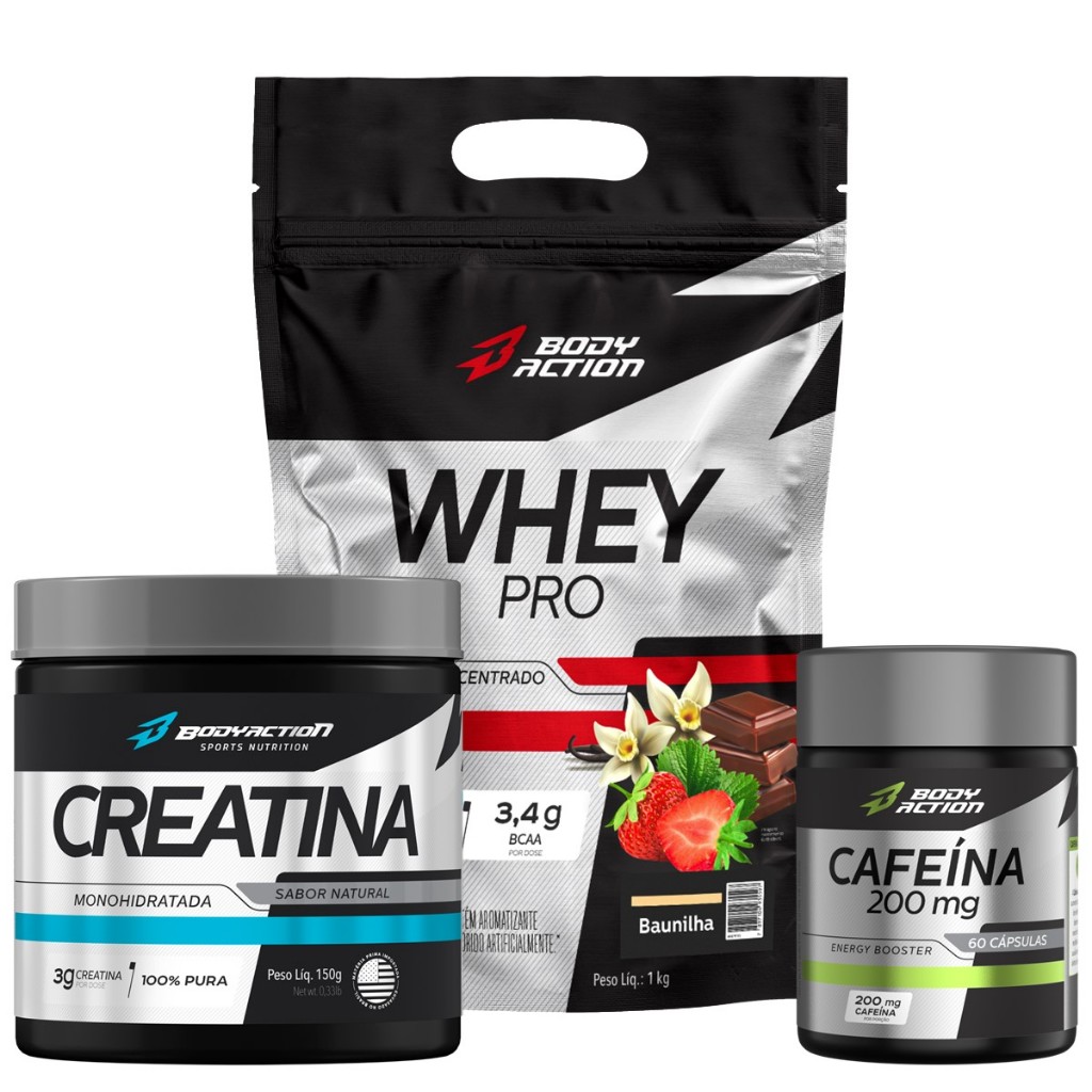 Whey Protein 1kg + Creatina Pura Monohidratada 150g + Cafeína 60 Caps