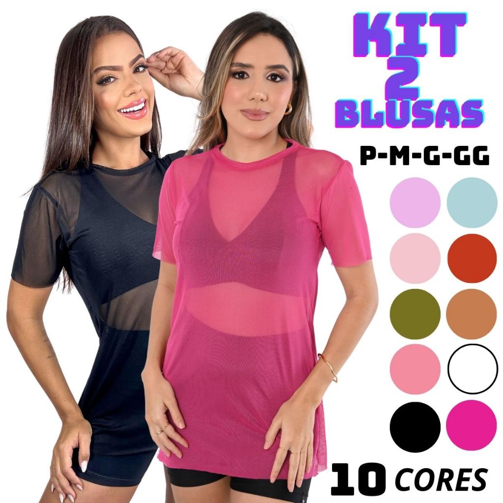 Kit 2 Camiseta Tule transparente Fitness Esportiva ideal para Treinos looks casuais em Oferta na Shopee