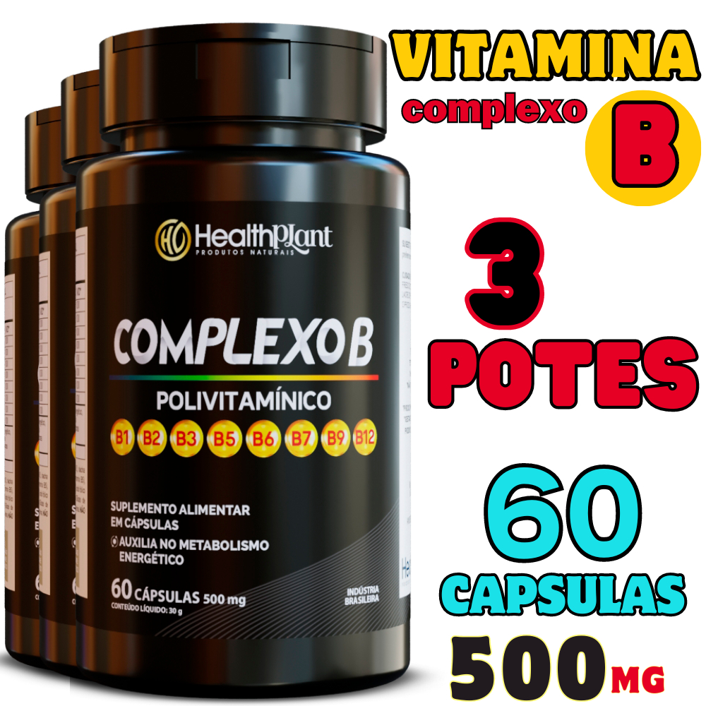 Suplemento de Complexo B em cápsulas Vitaminas B1, B2, B3, B6, B12 para energia, memoria, estresse..