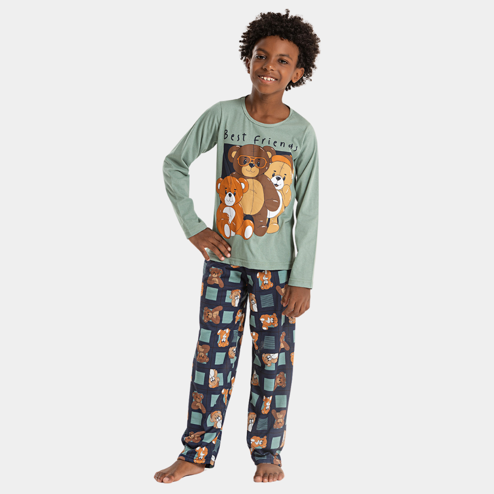 Pijama Longo Infantil Menino Blusa e Calça Ursinhos Amigavéis