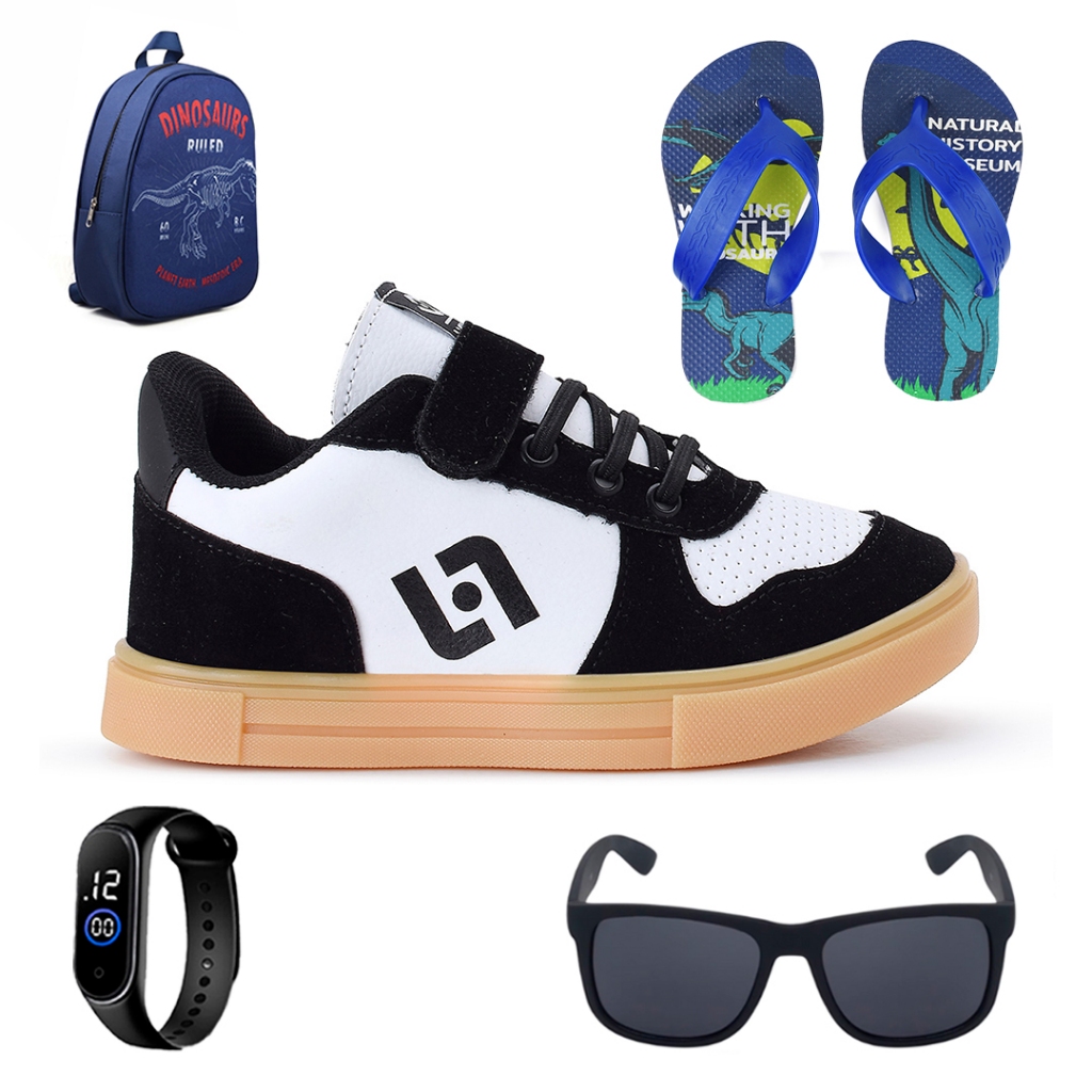 Tenis Infantil Casual Sapatenis Meninos Street Calce Facil + Mochila + Chinelo + Oculos + Relogio em Oferta na Shopee