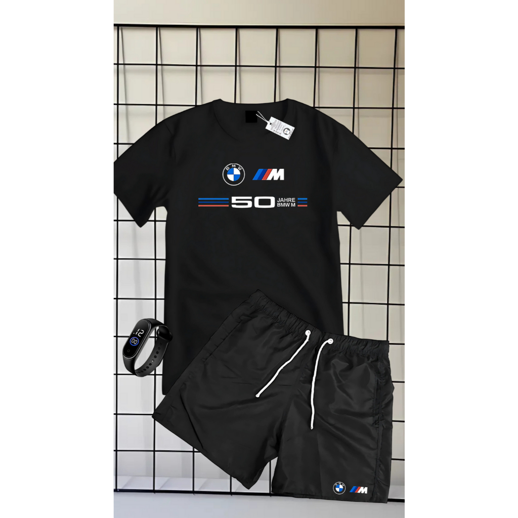 Conjunto Kit camiseta verão 100% algodão 30,1 bermuda leve para caminhada e academia ESTAMPA BMW 50 + RELOGIO DIGITAL
