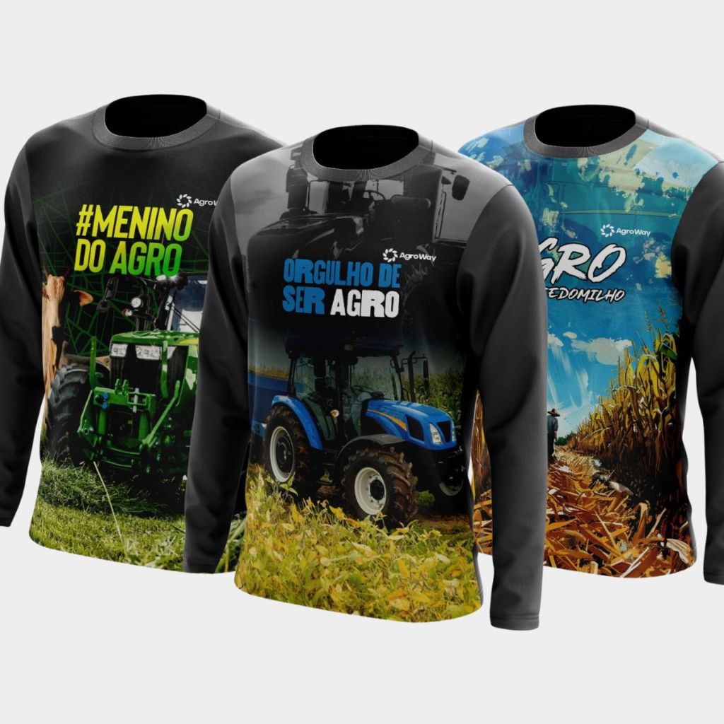Kit 3 Camisa Camiseta Agro Manga Longa Gola Redonda Plantação Café Soja Milharal Trabalho Campo Roça Gado Brasil Boi