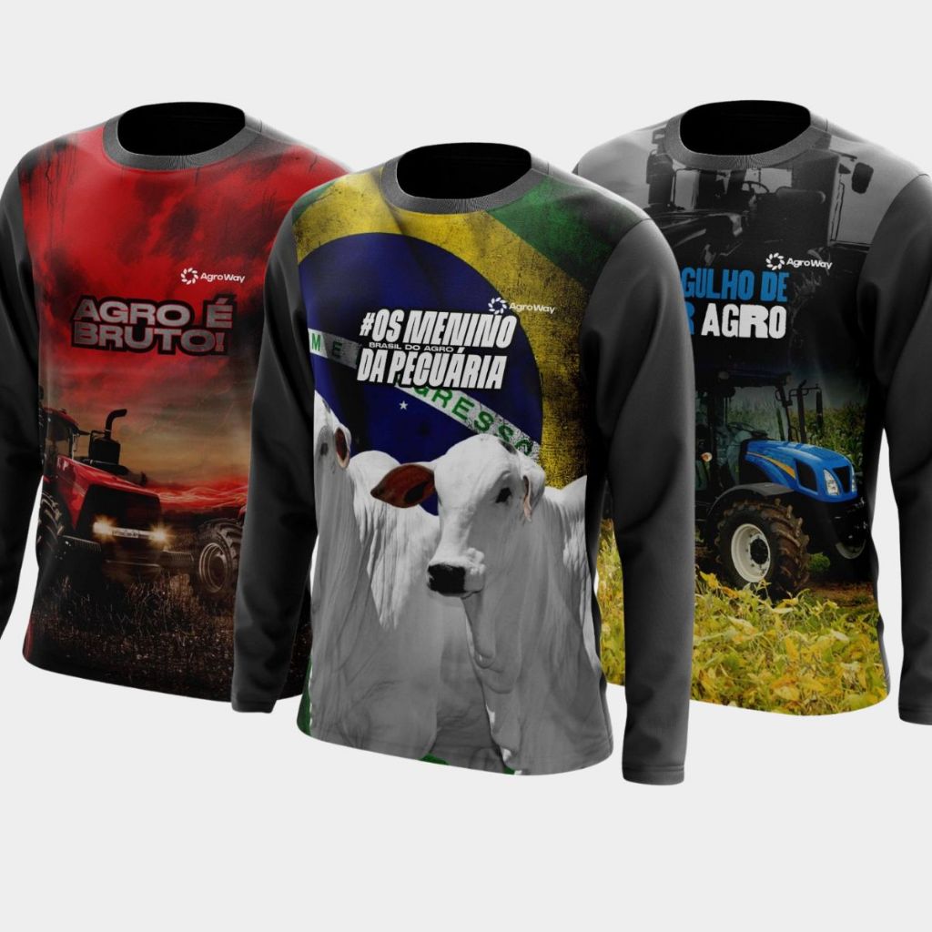 Kit 3 Camisa Camiseta Agro Manga Longa Gola Redonda Proteção UV Solar Colheita Plantação Café Pecuária Colheita Soja Boi