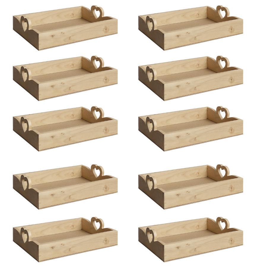 Kit 10 Bandejas com Alça Coração Madeira Pinus para Servir Café da Manhã Cesta Dia das Mães