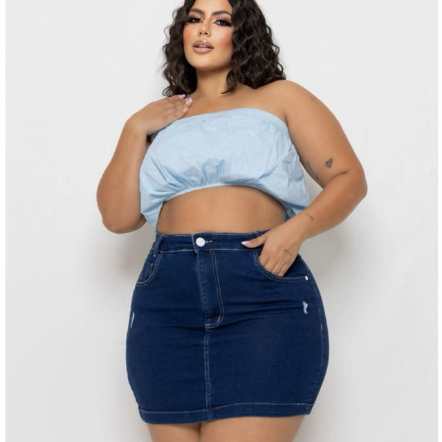 Saia Jeans Feminina Plus Size com Lycra Azul Marinho