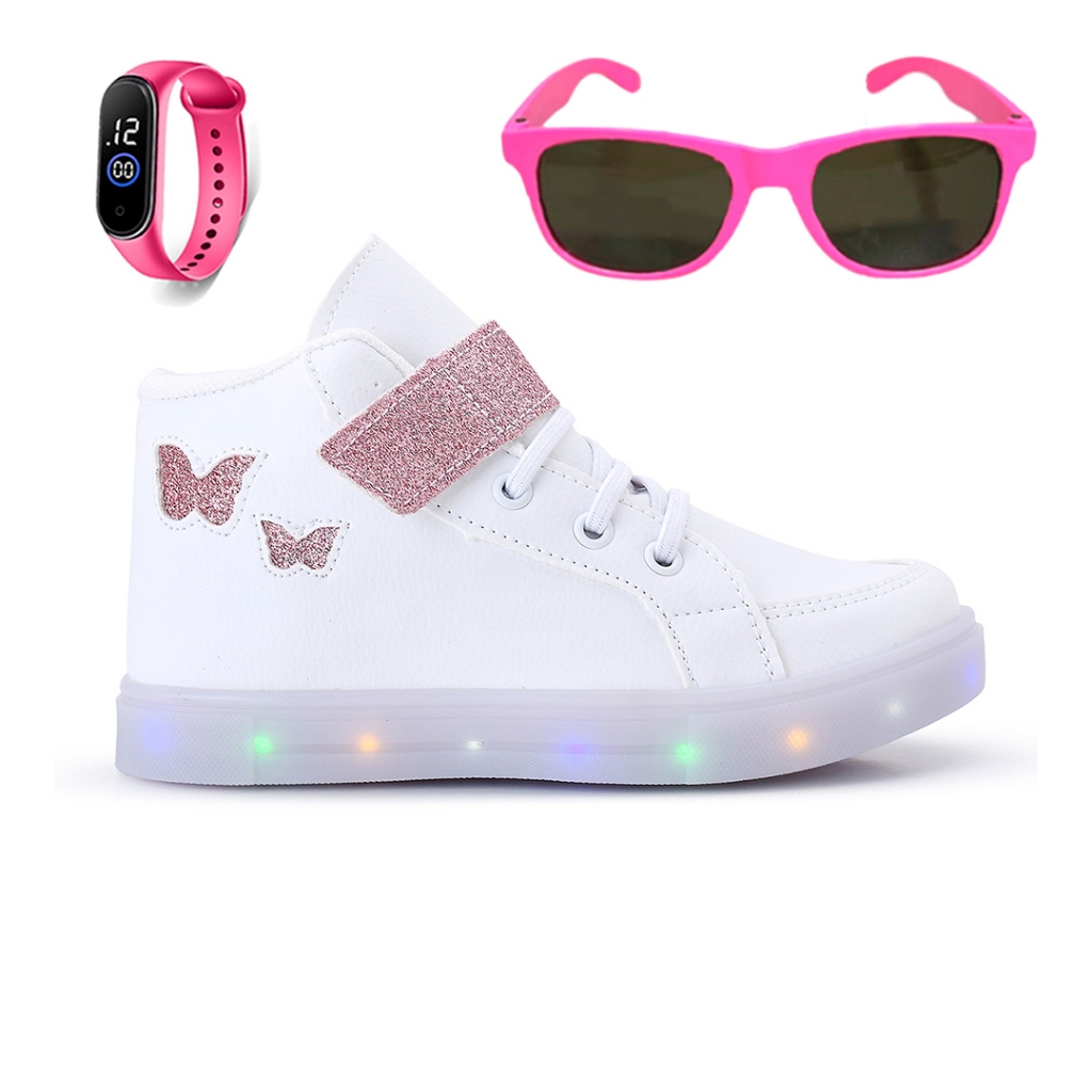 Tenis Infantil De Led Meninas Botinha Borboleta + Oculos + Relogio em Oferta na Shopee