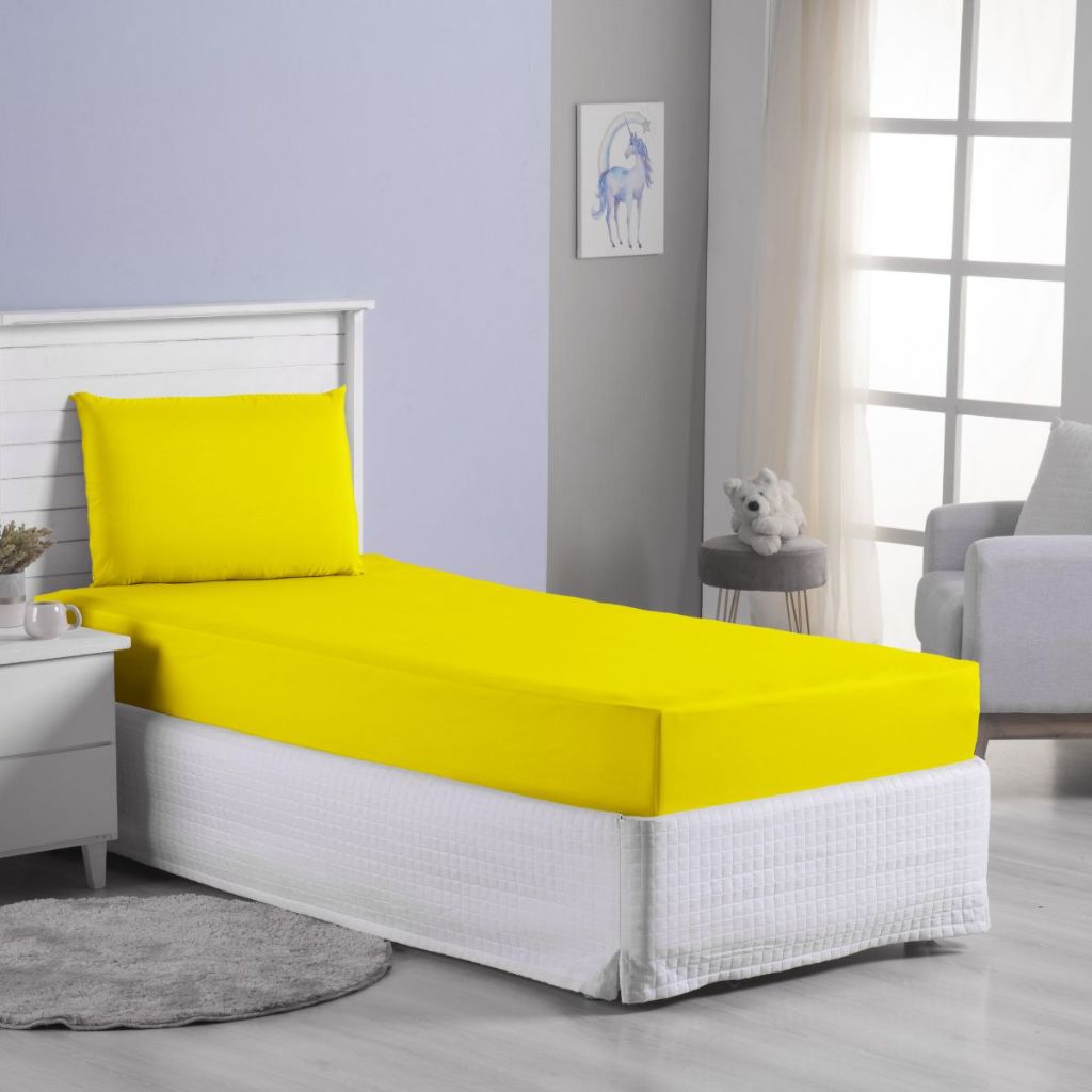 Jogo Roupa Cama Lençol Solteiro Elastico 2 Peças Fronha Simples Basico Macio 180 Fios Amarelo Barato