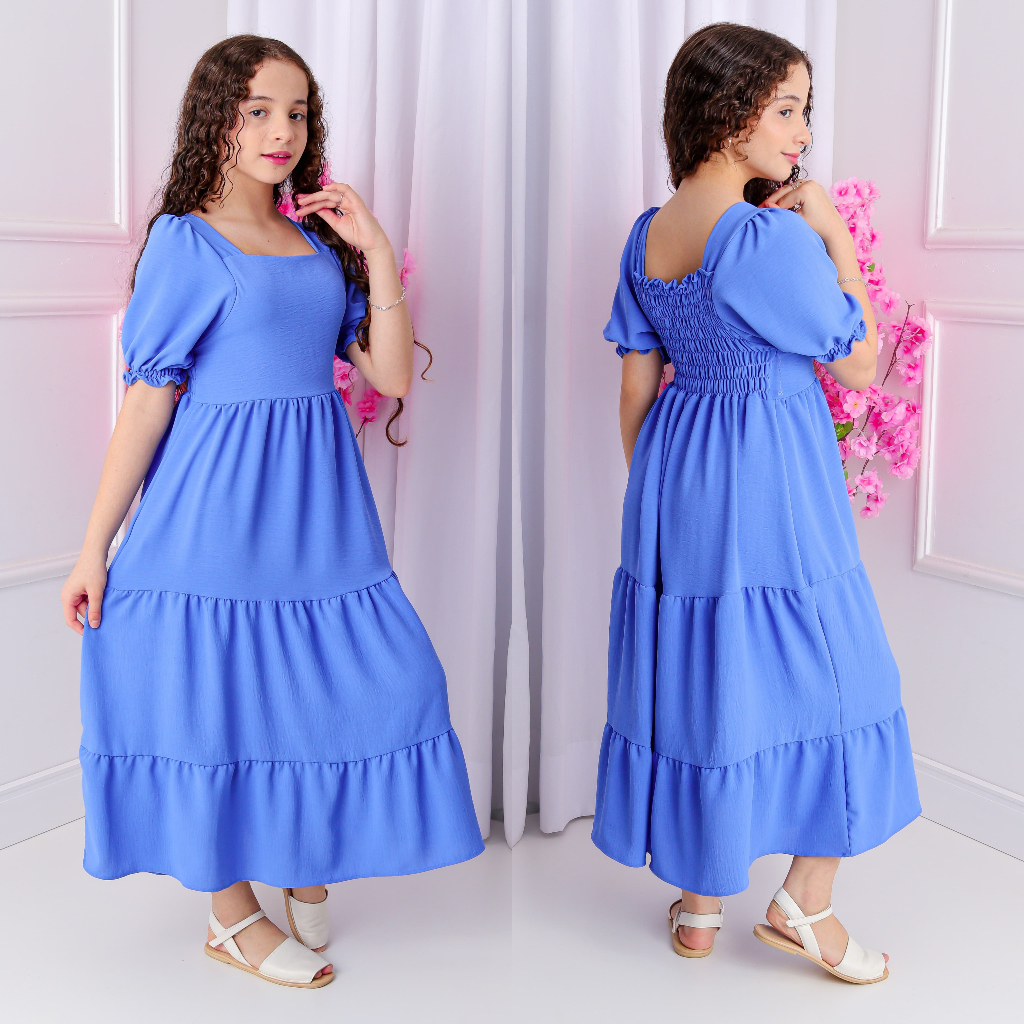 vestido longo de manga curto /infantil/juvenil/meninas