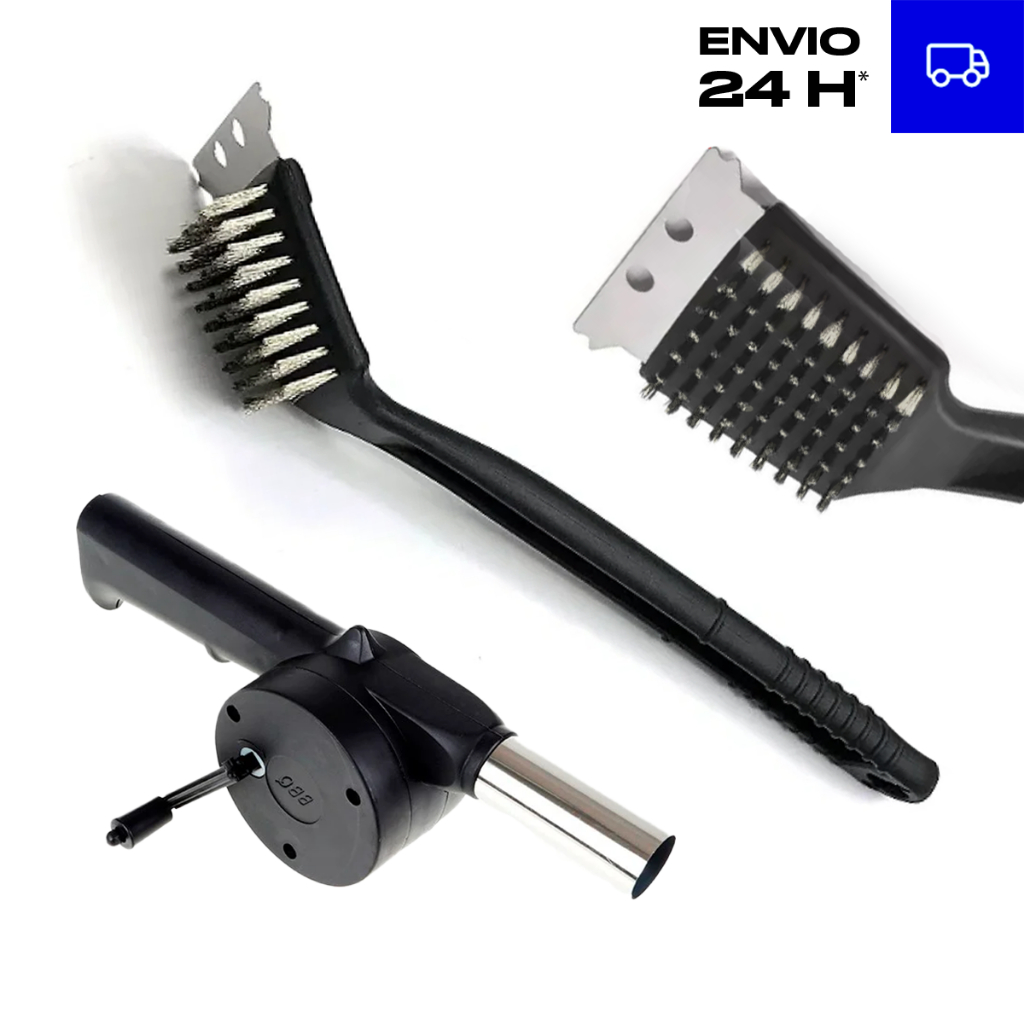 Kit Escova de Aço + Soprador e Acendedor para Churrasqueira