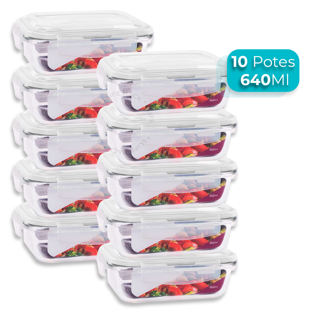 Conjunto 10 Potes Vidro Hermético Mantimentos Marmita 640ml