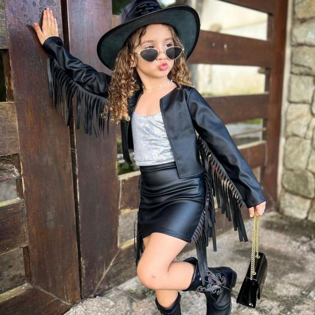 Fantasia Boiadeira Couro Infantil Para Meninas Saia e Jaqueta