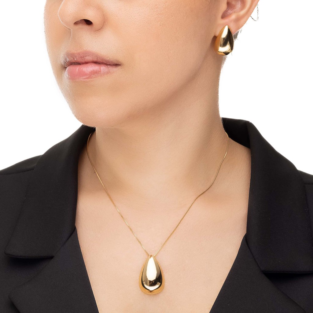 Brinco e Colar de Gota Lisa Semijóia 18k