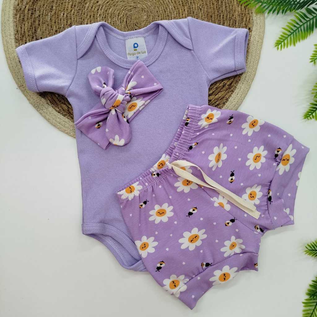 Conjunto Bebê Menina Body e Short e Tiara Malha Algodão